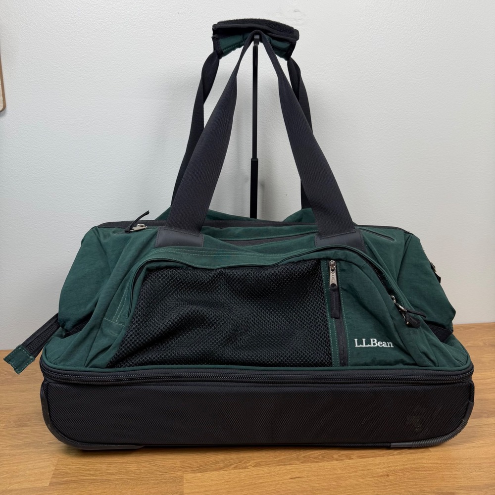 LL Bean Rolling Duffel Bag Green Black Ripstop Travel Luggage Wheels 22 Inch